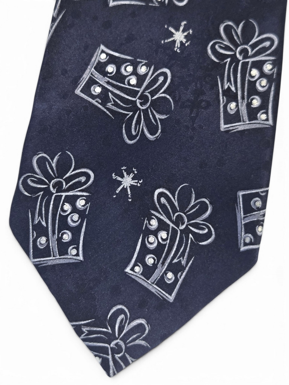 NWT John Ashford Silk Christmas Present Tie Navy Blue Silver Holiday Gift
